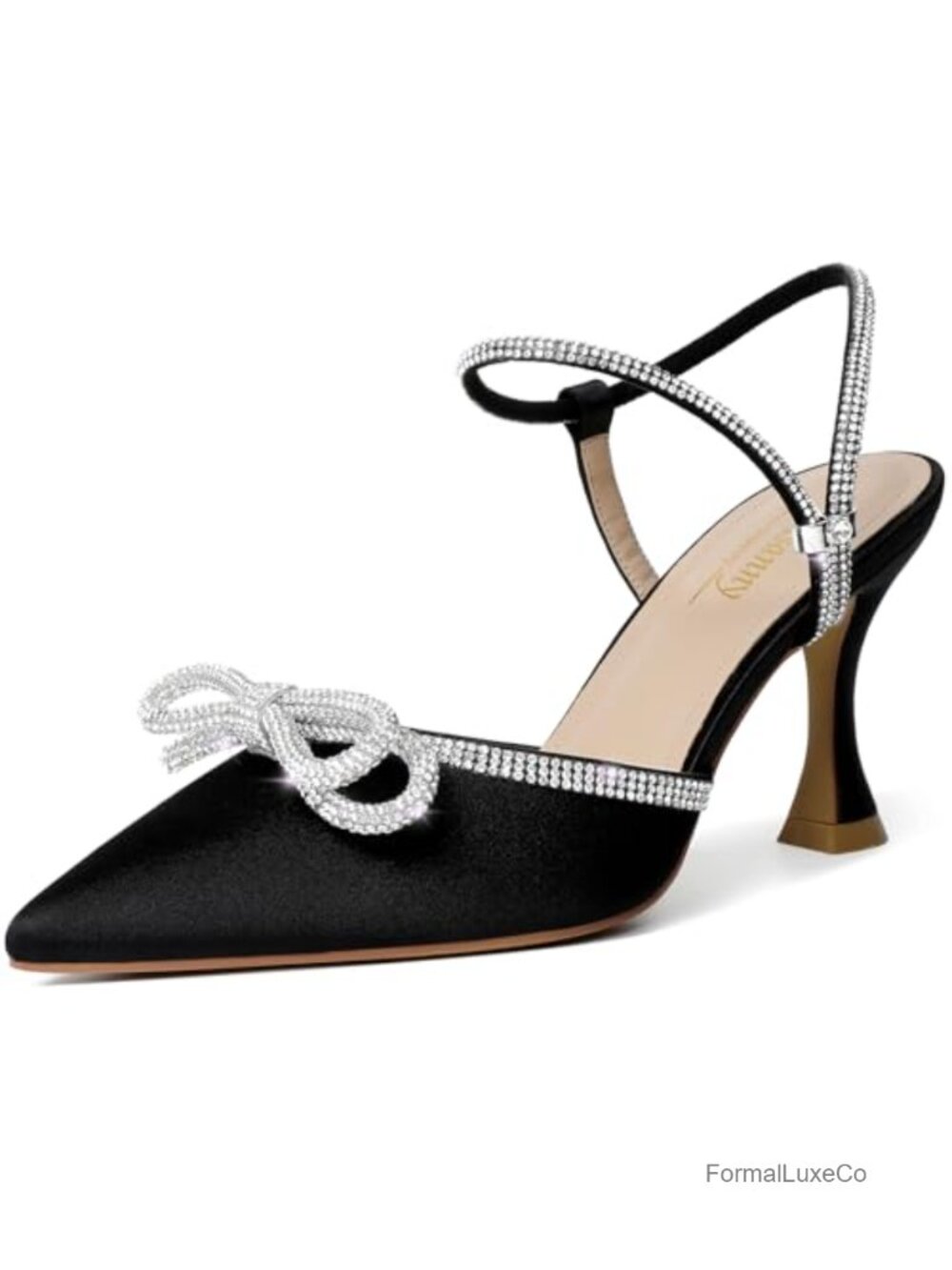 Closed Toe Slingback Bow Kitten Heels, Adjustable Strap Pointed Toe Pump